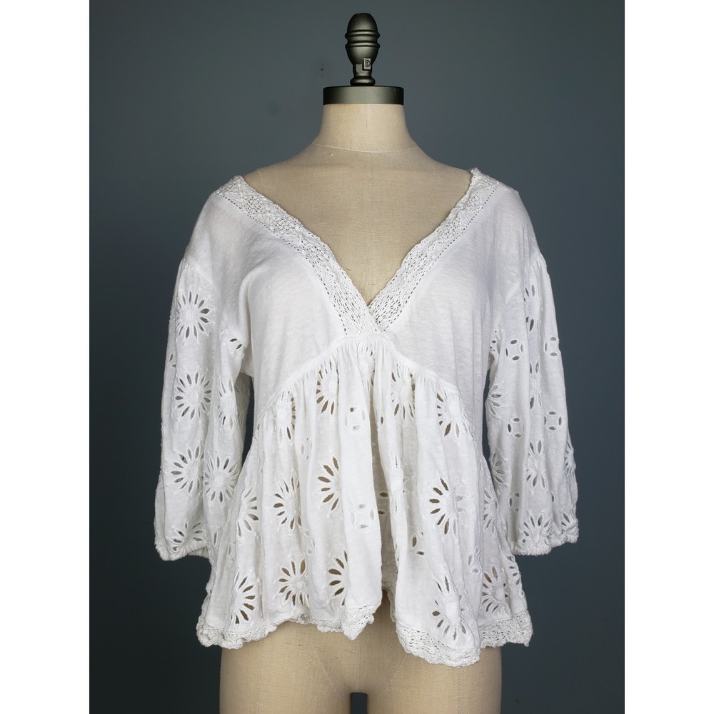 Free People‎ Sweeter Side Top Women's S Eyelet Lace Up Back Boho Western White